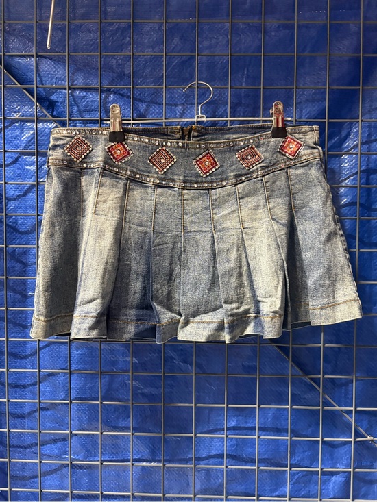 Dresses & Skirts - Denim Pleated Mini Skirt with Beaded Embellishments